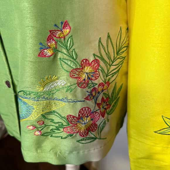 Marsh Landing green, blue, yellow & white floral embroidered button down top, M - Picture 5 of 14